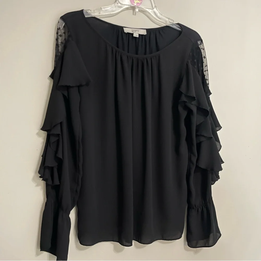 LOFT Black Ruffle Sleeve Blouse~ Size‎ Small  Evening out  or Elegant Casual